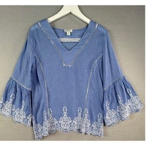 Sundance Embroidered Bell Sleeve Top Womens M Blue Boho V-Neck Cotton